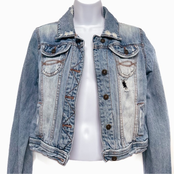 Distressed Blue Jean Denim Jacket Coat Medium Wash Button Close Pockets Large - Picture 2 of 9